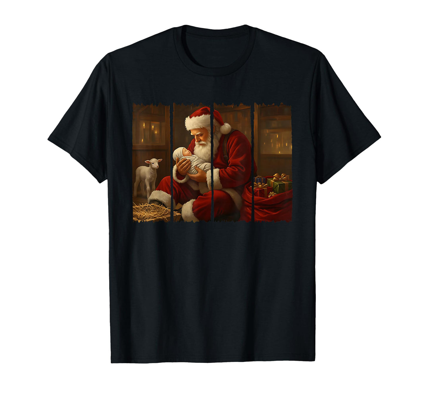 Santa Praying Over Baby Jesus Popular Brushstroke Christmas T-Shirt