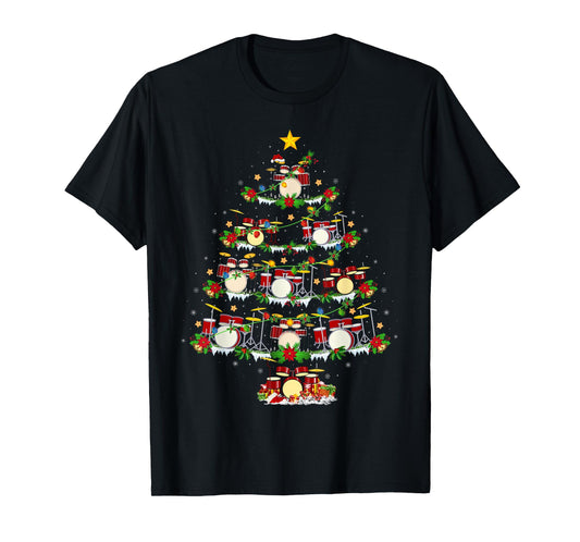 Drum Christmas Tree Lights Drum Music Lover Drummer Xmas T-Shirt