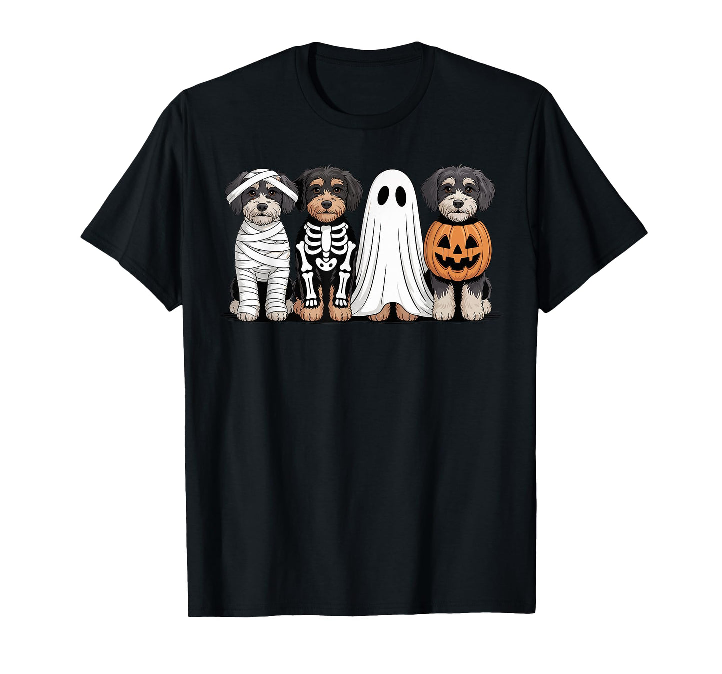 Spooky Ghost Aussiedoodle Pumpkin Halloween Dog Skeleton T-Shirt