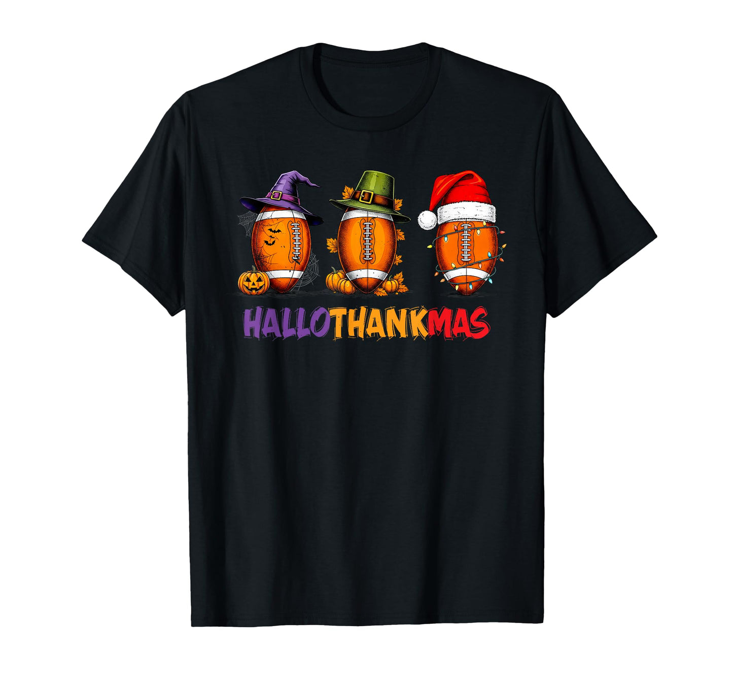Funny HalloThankMas Football Halloween Thanksgiving Xmas T-Shirt