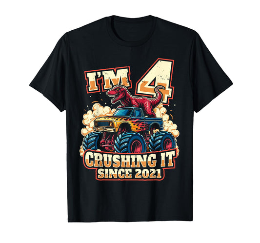 4 Year Old Boys 4th Birthday Dinosaur Monster Truck Party T-Shirt