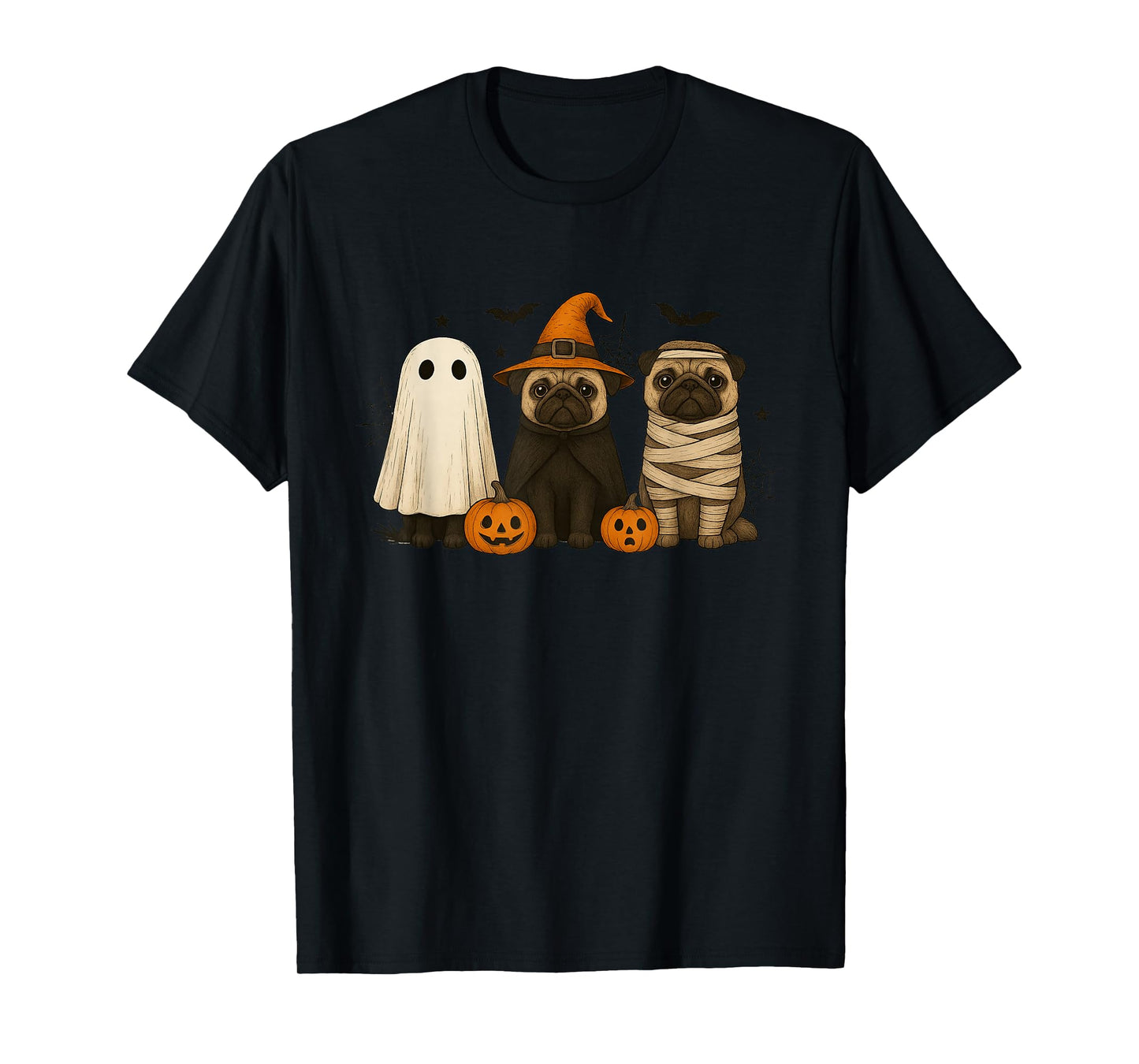 Retro Pug Dog Witch Scary Halloween Pumpkin Women Men Kids T-Shirt