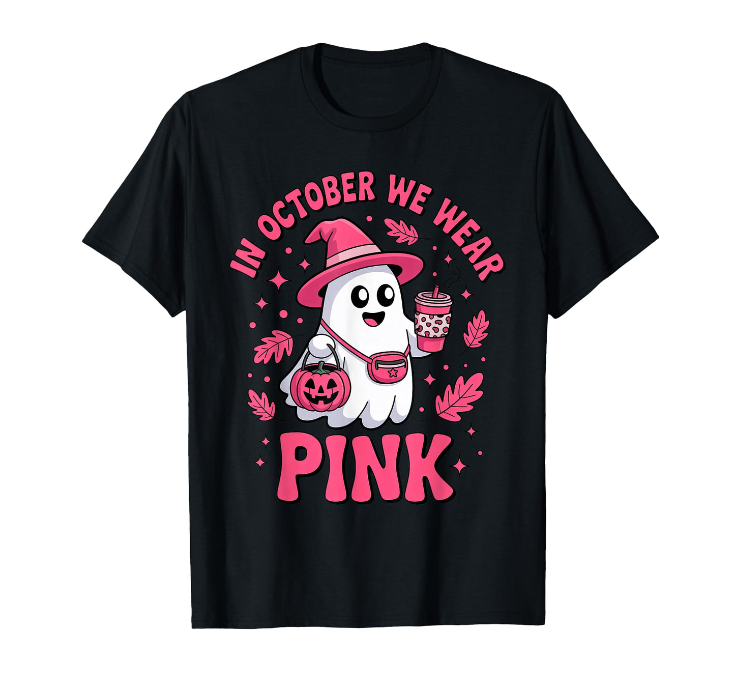 in October We Wear Pink Ghost Dinking Coffee Breast Cancer T-Shirt