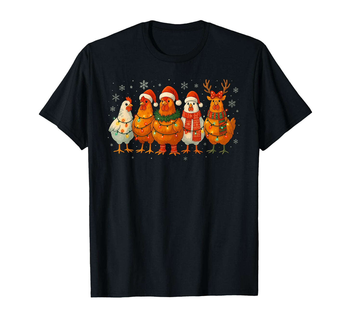 Chicken Christmas Lights Santa Hats Reindeer Funny Holiday T-Shirt