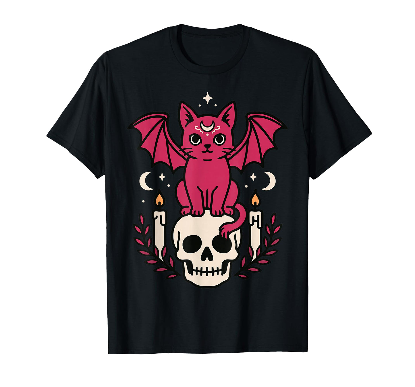 Bat Cat Skull Candle Gothic Halloween Cute Witch Vibes T-Shirt