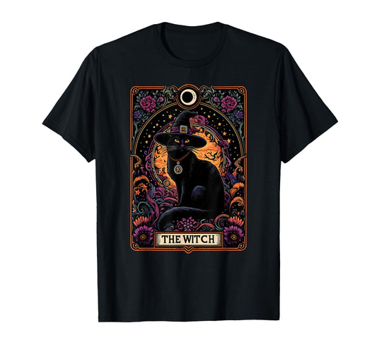 The Witch Cat Tarot Card Halloween Vintage Gothic T-Shirt for Men Women Kids