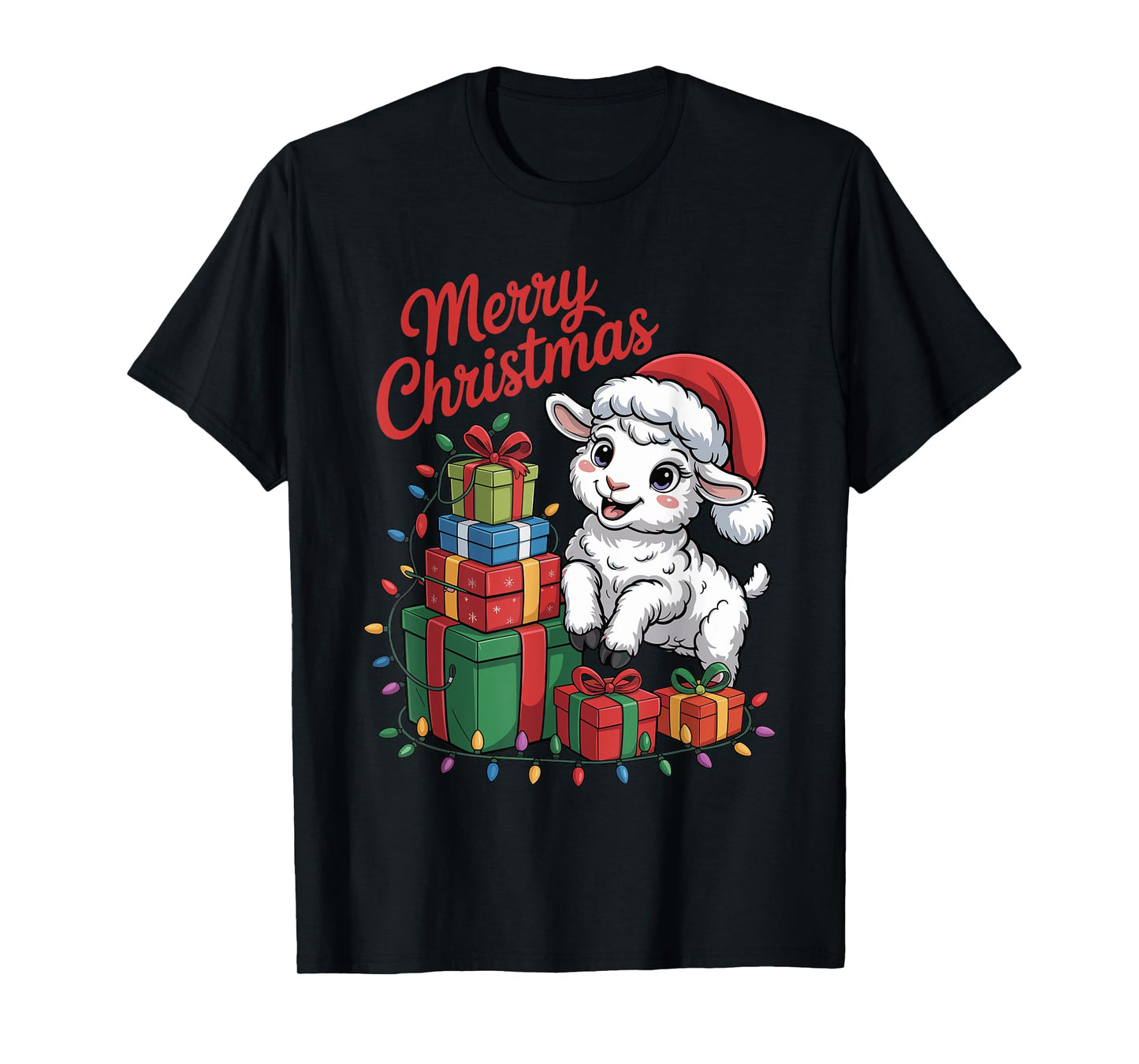Funny Lamb Santa Hat Animals Lovers Ugly Christmas Pajamas T-Shirt