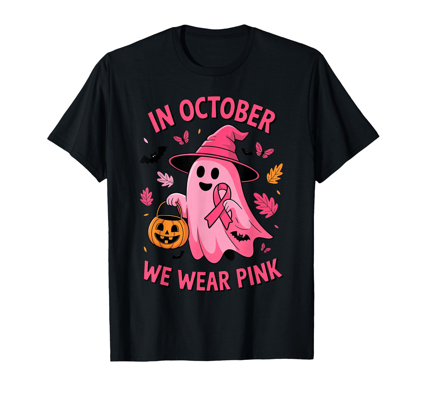 in October We Wear Pink Ribbon Ghost Halloween Breast Cancer T-Shirt