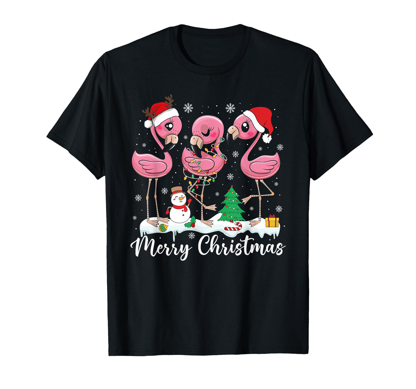 Merry Christmas Lights Red Santa Hat Family Xmas Flamingo T-Shirt