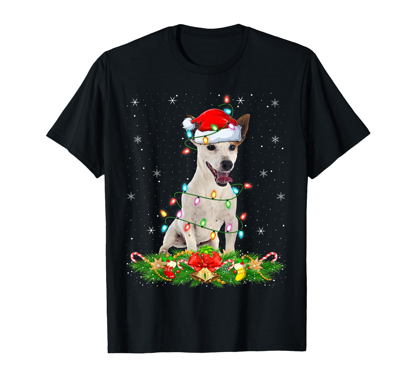 Rat Terrier Dog Christmas Lights Funny Santa Hat Xmas T-Shirt