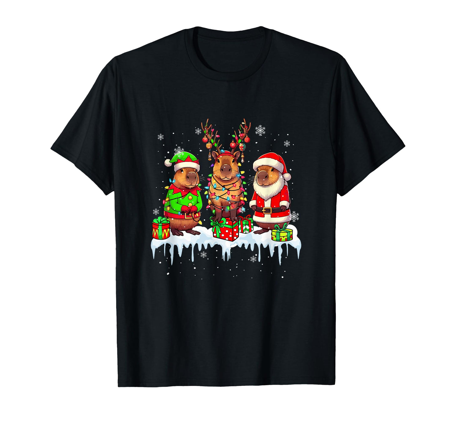Three Santa Reindeer Elf Capybaras Christmas Colorful Lights T-Shirt