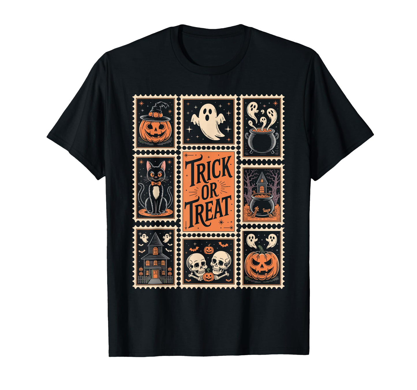 Halloween Stamps Spooky Pumpkin Ghost Cat Witch Skeleton T-Shirt