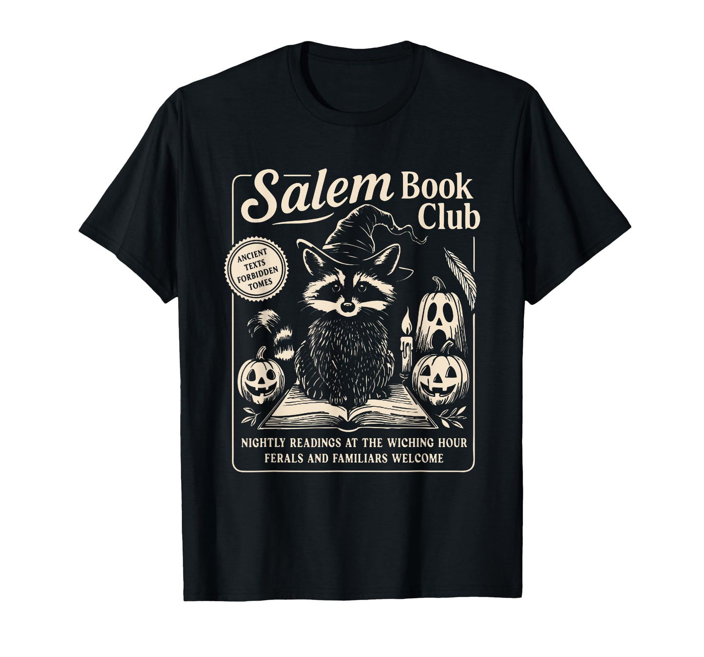 Salem Witch Book Club Bookish Halloween Raccoon Witchcraft T-Shirt
