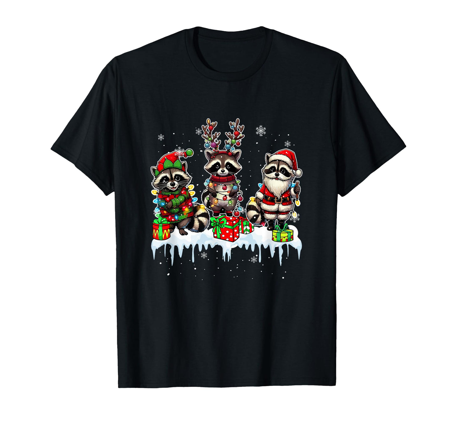 Three Santa Reindeer Elf Raccoons Christmas Colorful Lights T-Shirt