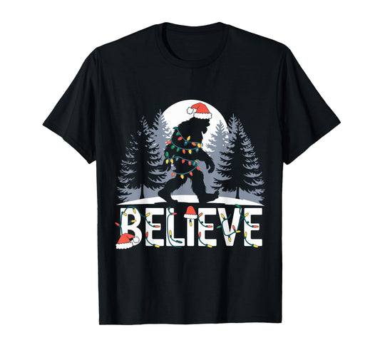 Santa Bigfoot Christmas Lights Funny Sasquatch Believe Xmas T-Shirt