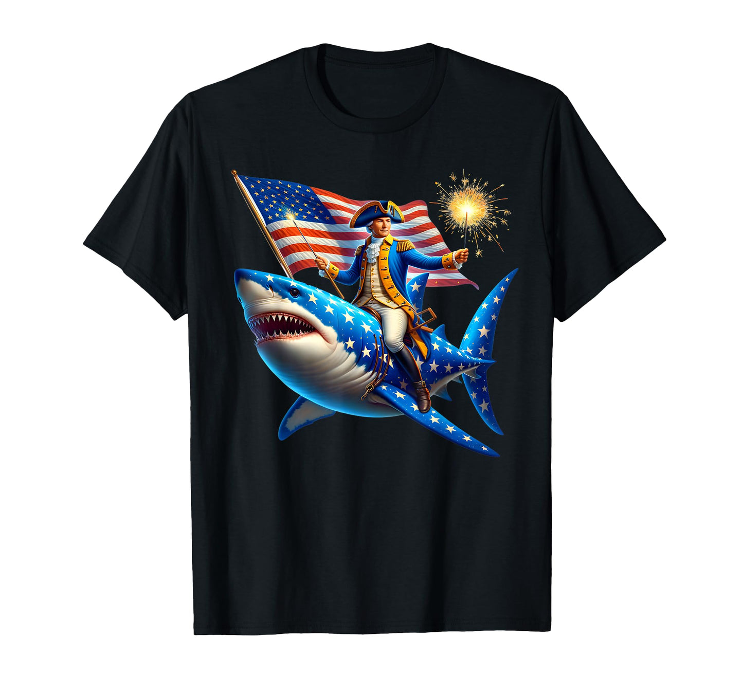 Washington Riding Shark Funny July 4th American Flag Patriot T-Shirt for Women Men