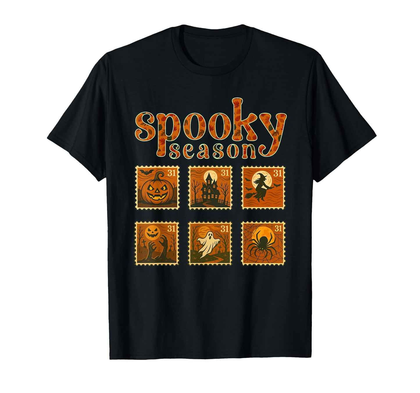 Vintage Halloween Postage Stamps Spooky Art - Leaves Fall T-Shirt