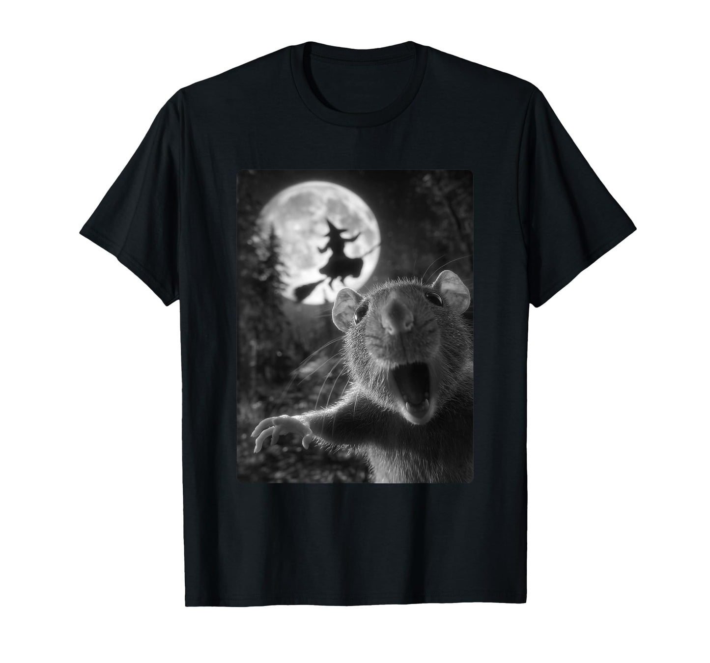 Funny Rat Selfie Full Moon Flying Witch Forest Halloween T-Shirt
