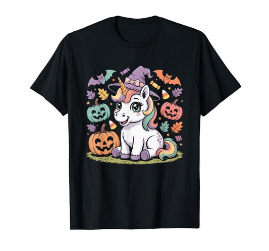 Cute Unicorn Witch Hat Halloween Pumpkin Candy Kids Shirt T-Shirt
