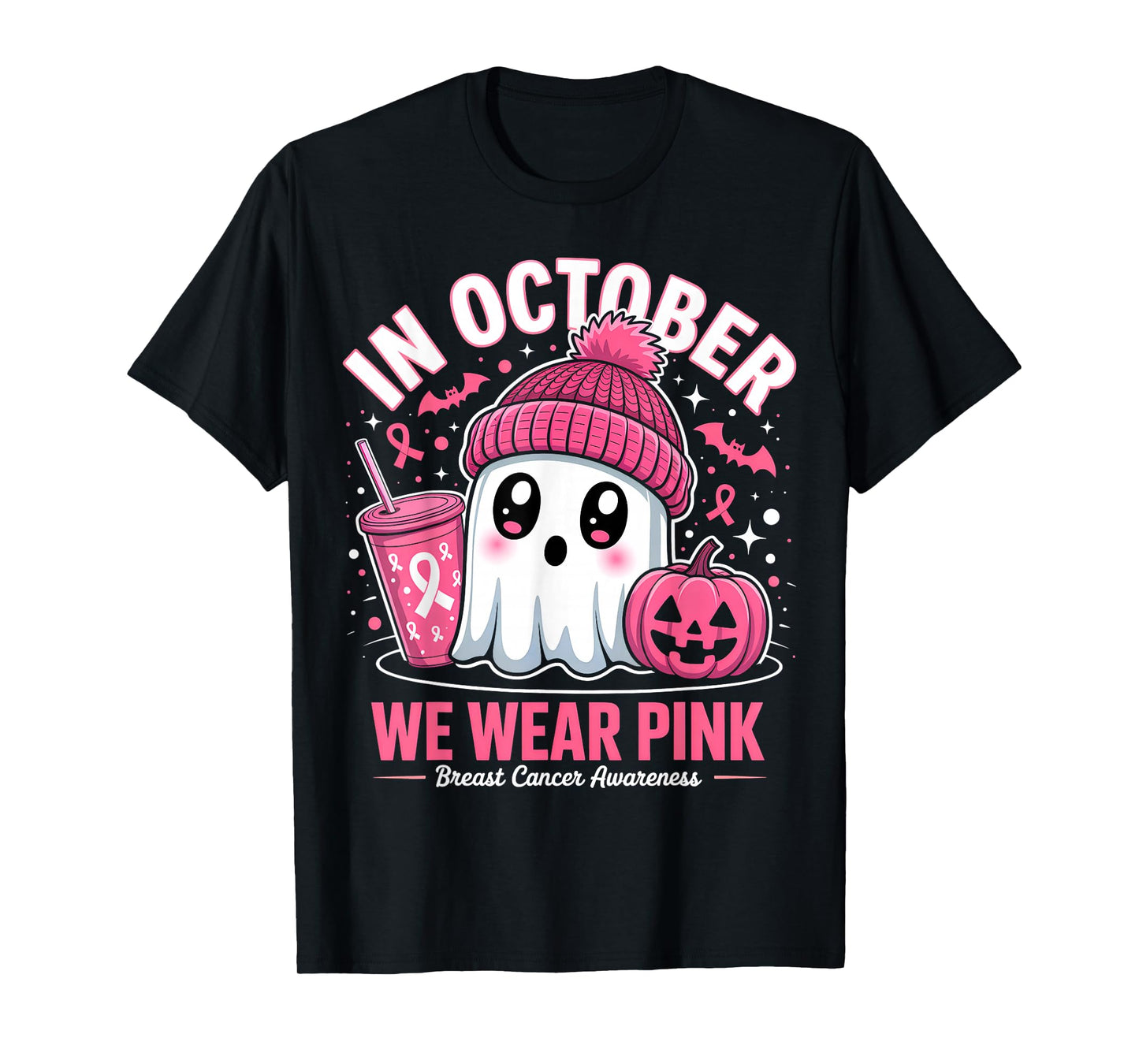 in October We Wear Pink Ghost Witch Breast Cancer Awareness T-Shirt