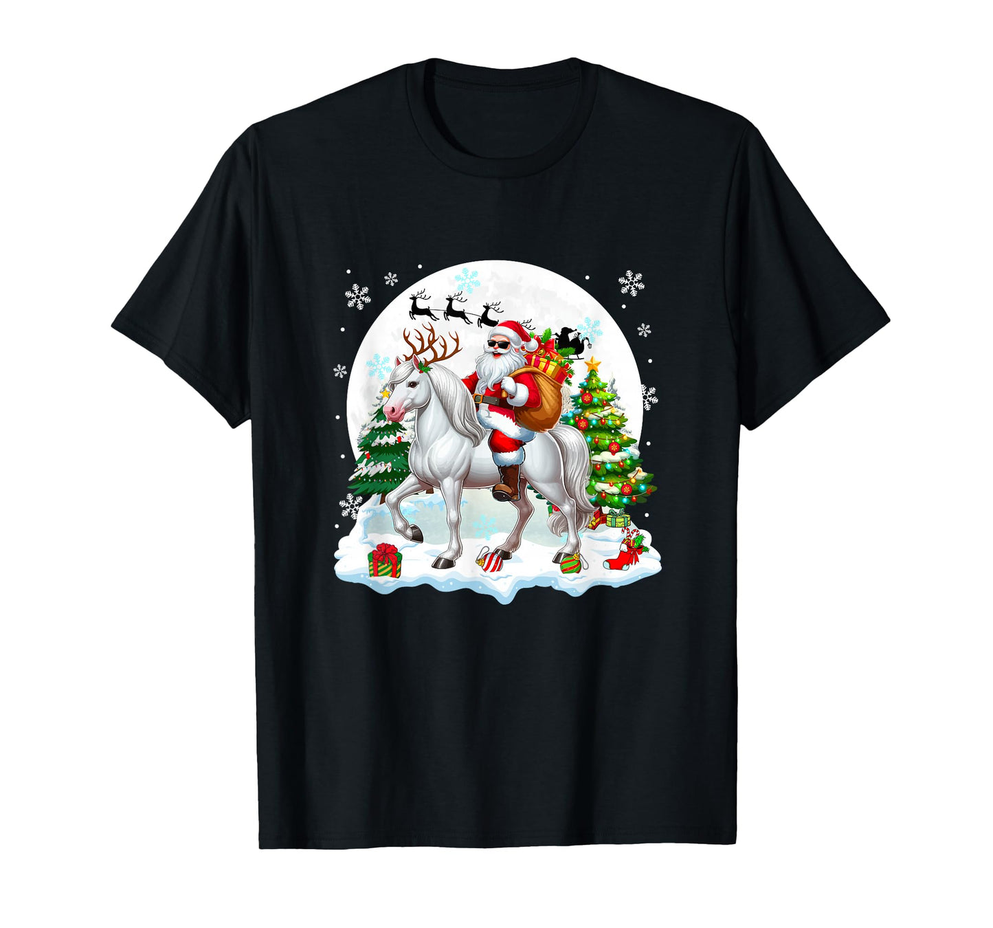 Santa Sunglasses Riding Horse Reindeer Christmas Snowman T-Shirt