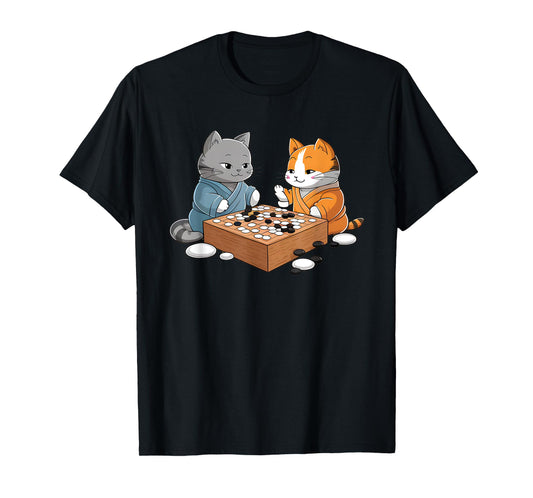 Kawaii Cat Samurais Playing Go Board Game Baduk Funny Cat T-Shirt