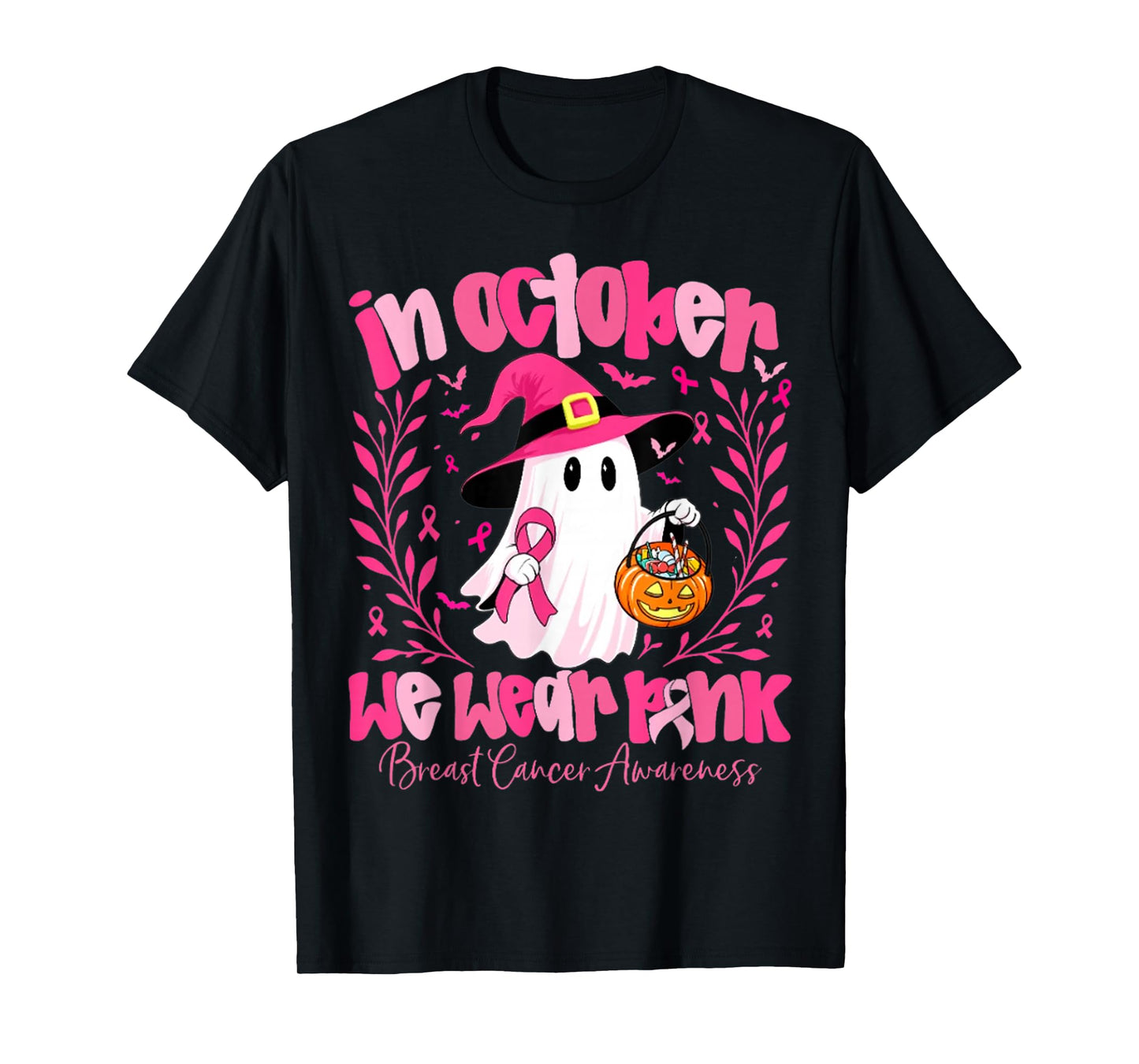in October We Wear Pink Ghost Witch Breast Cancer Awareness T-Shirt
