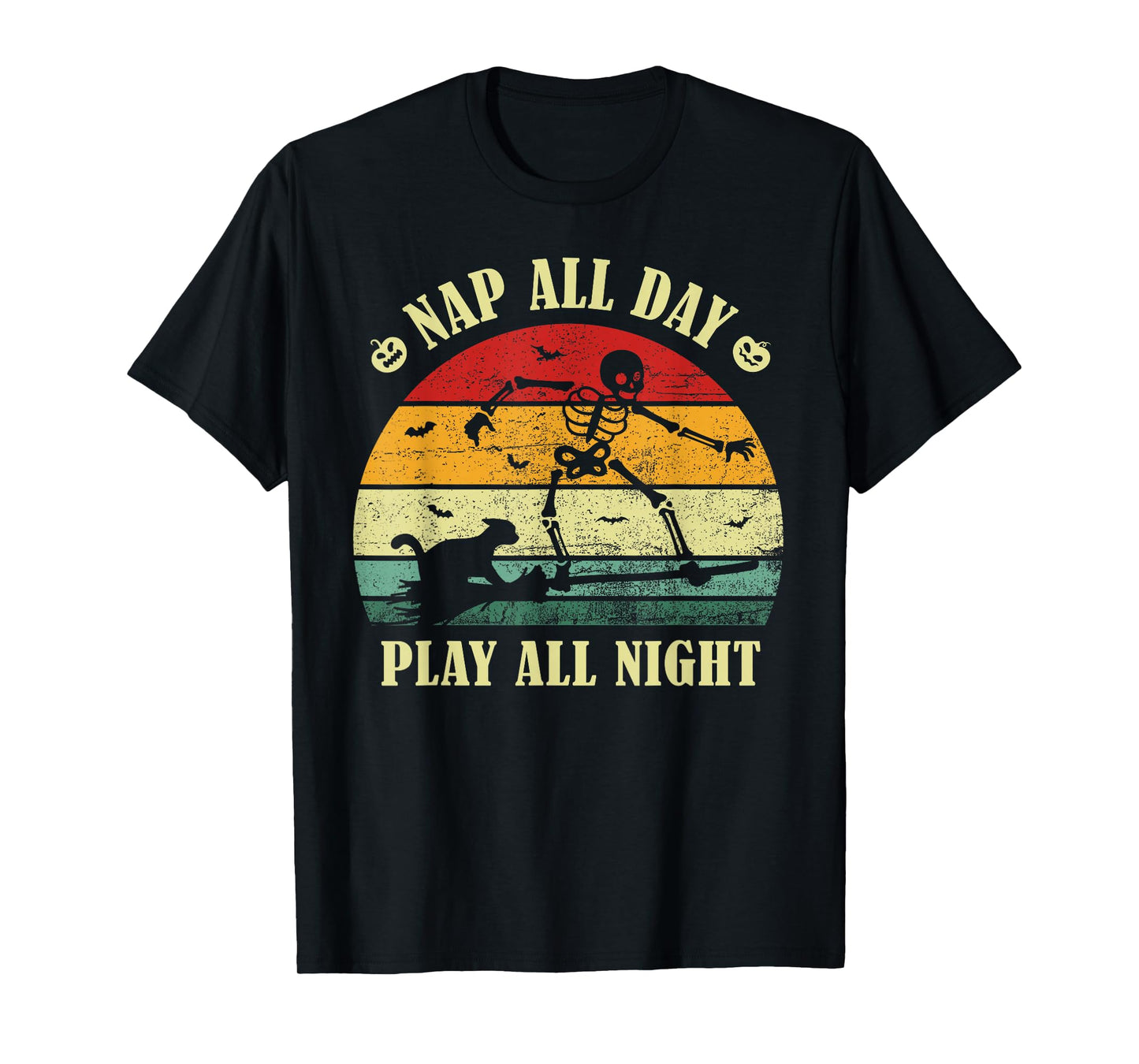 Nap All Day, Play All Night Fun Cat Witch Halloween Skeleton T-Shirt