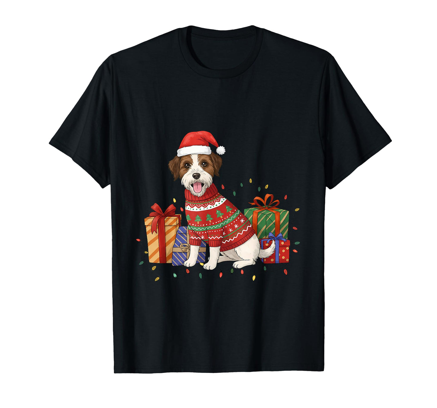 Joyful Holiday Dog with Presents and Christmas Lights T-Shirt