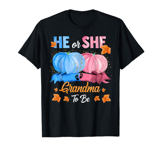 Halloween Pumpkin Gender Reveal He or She Grandma To Be T-Shirt