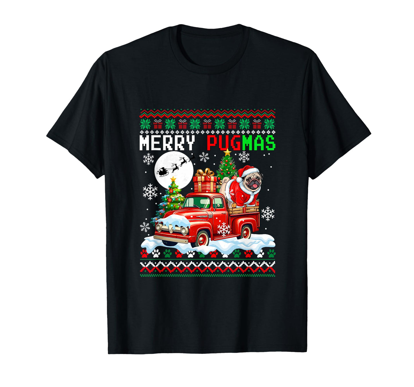Merry Christmas Sweater Santa Pug On Pickup Truck T-Shirt
