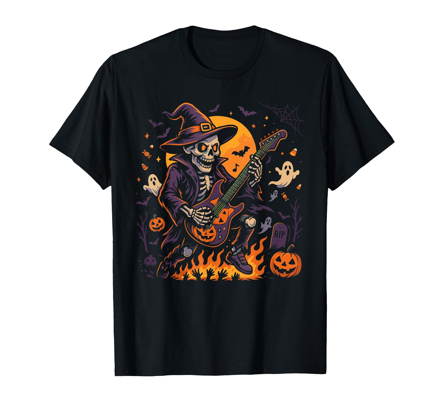 Rocking Skeleton Witch Guitar Halloween Ghost Pumpkin T-Shirt
