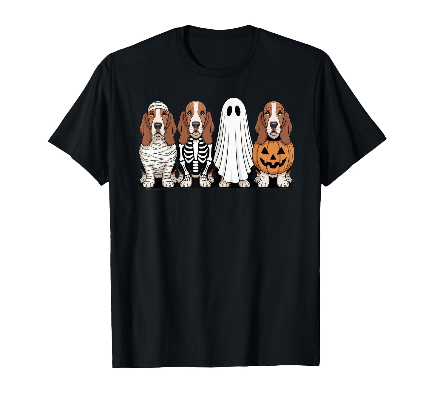 Spooky Ghost Basset Hound Pumpkin Halloween Dog Skeleton T-Shirt