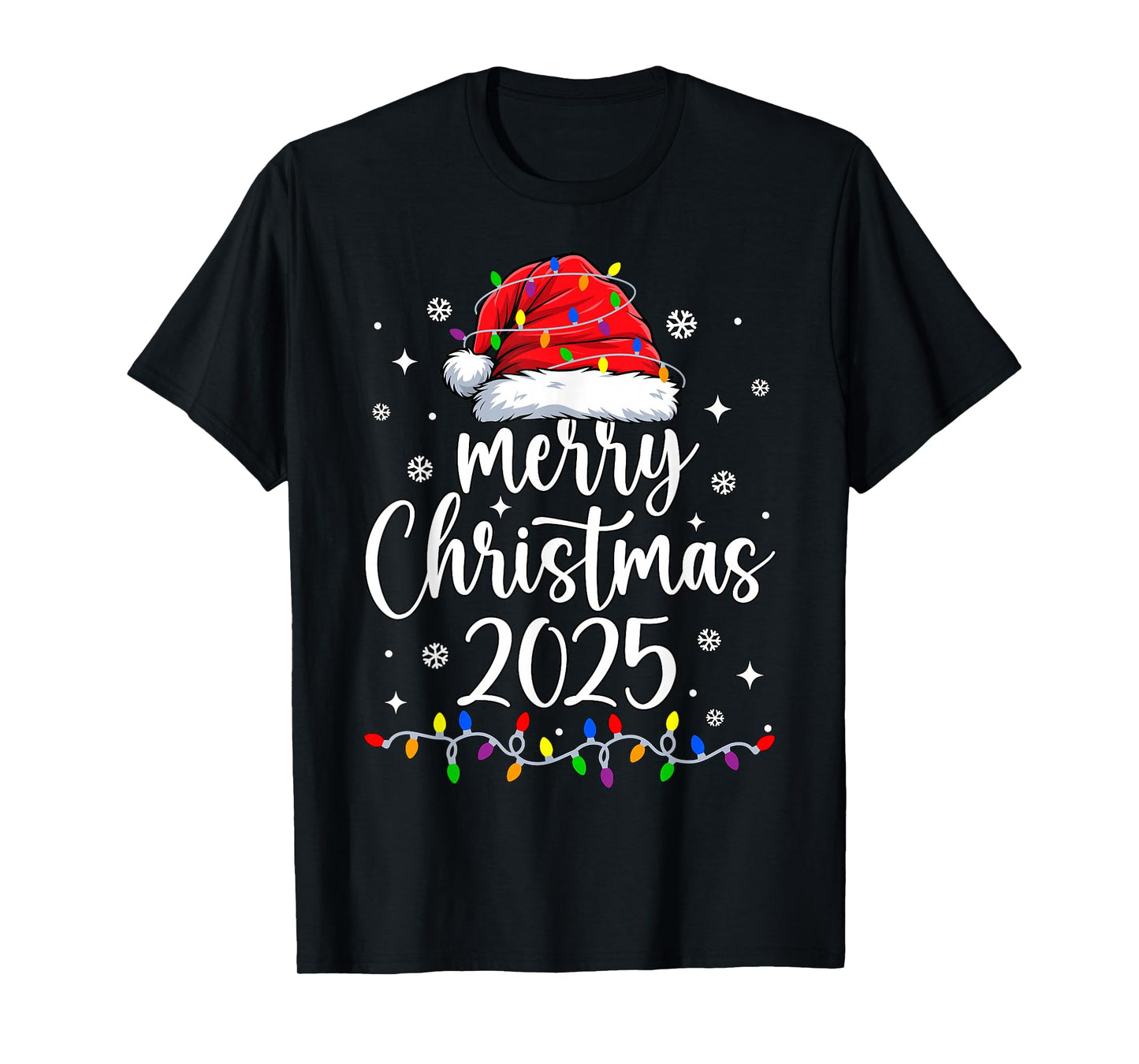 Merry Christmas 2025 Lights Red Santa Hat Xmas Men Women Kid T-Shirt