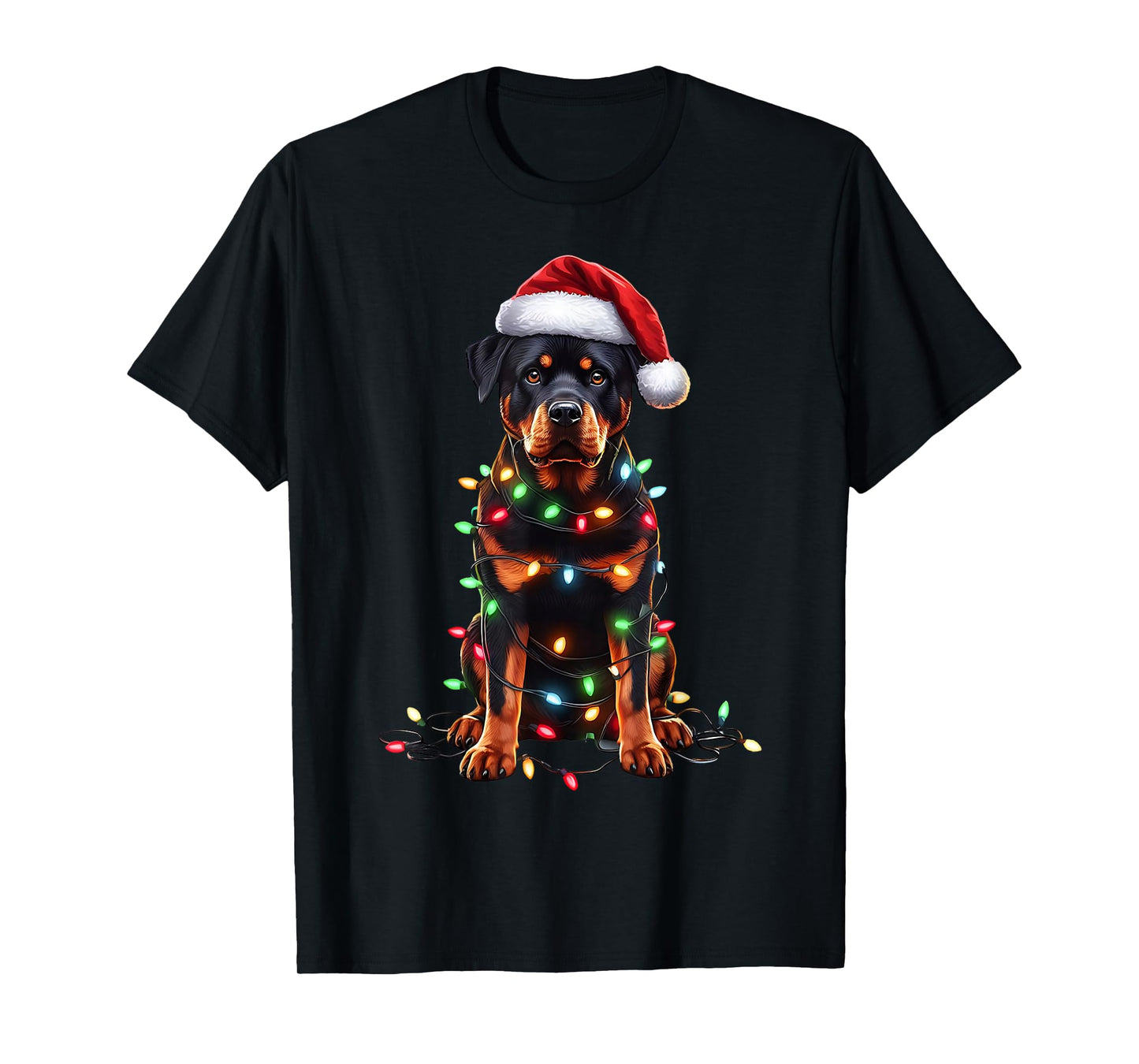 Rottweiler Dog Christmas Lights Santa Hat Dog Lover T-Shirt