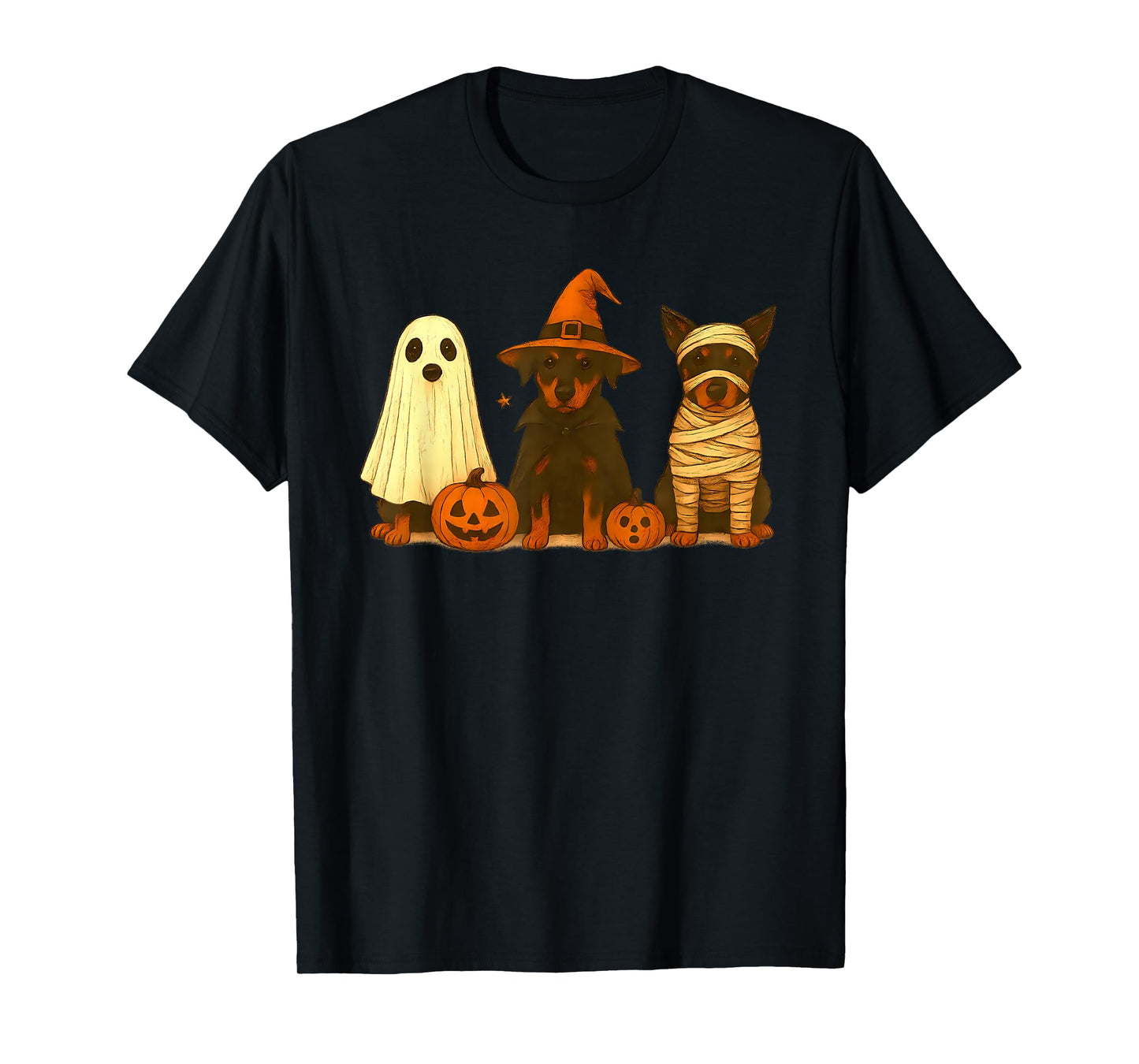 Retro Doberman Pinscher Witch Scary Halloween Pumpkin T-Shirt