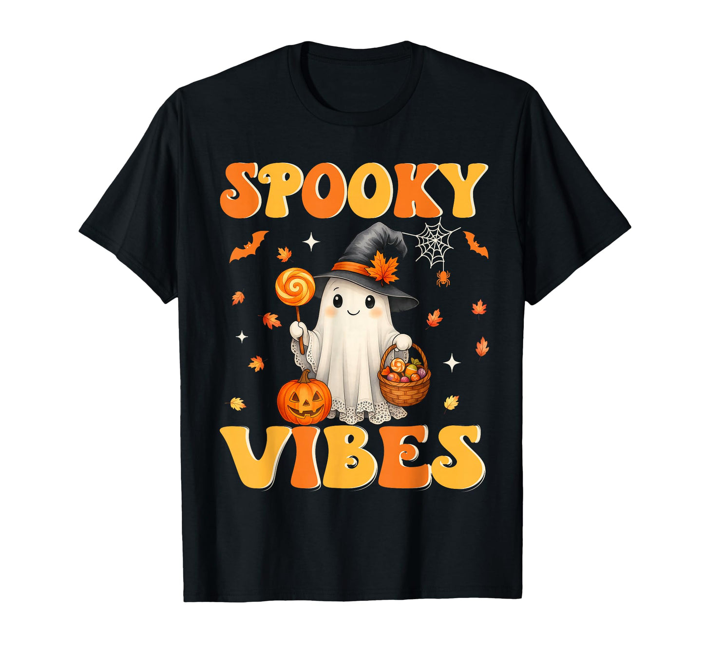 Groovy Spooky Vibes Retro Ghost Holding Pumpkin Halloween T-Shirt