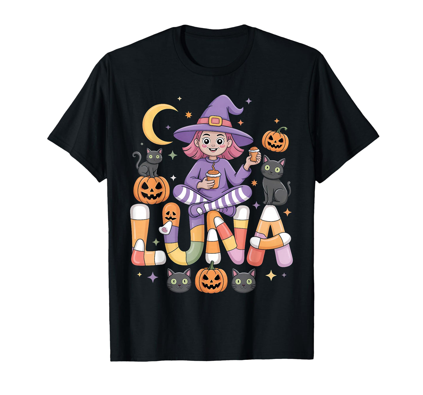 Luna Witch Candy Corn Cat Halloween Women and Girls T-Shirt