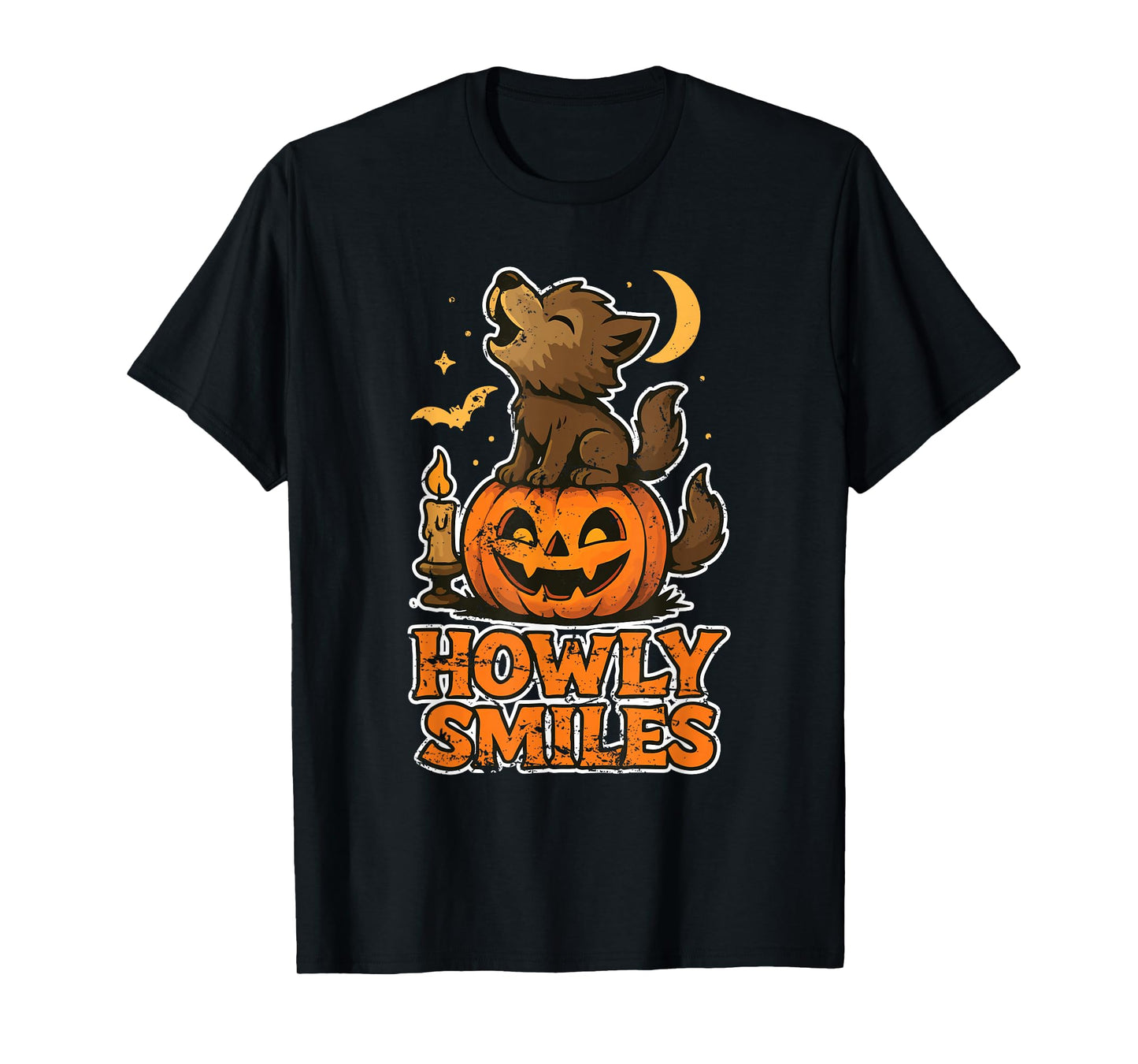 Howly Smiles Wolf on Pumpkin T-Shirt