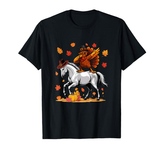 Dabbing Turkey On Horse Thanksgiving Autumn Pilgrim Farmer T-Shirt