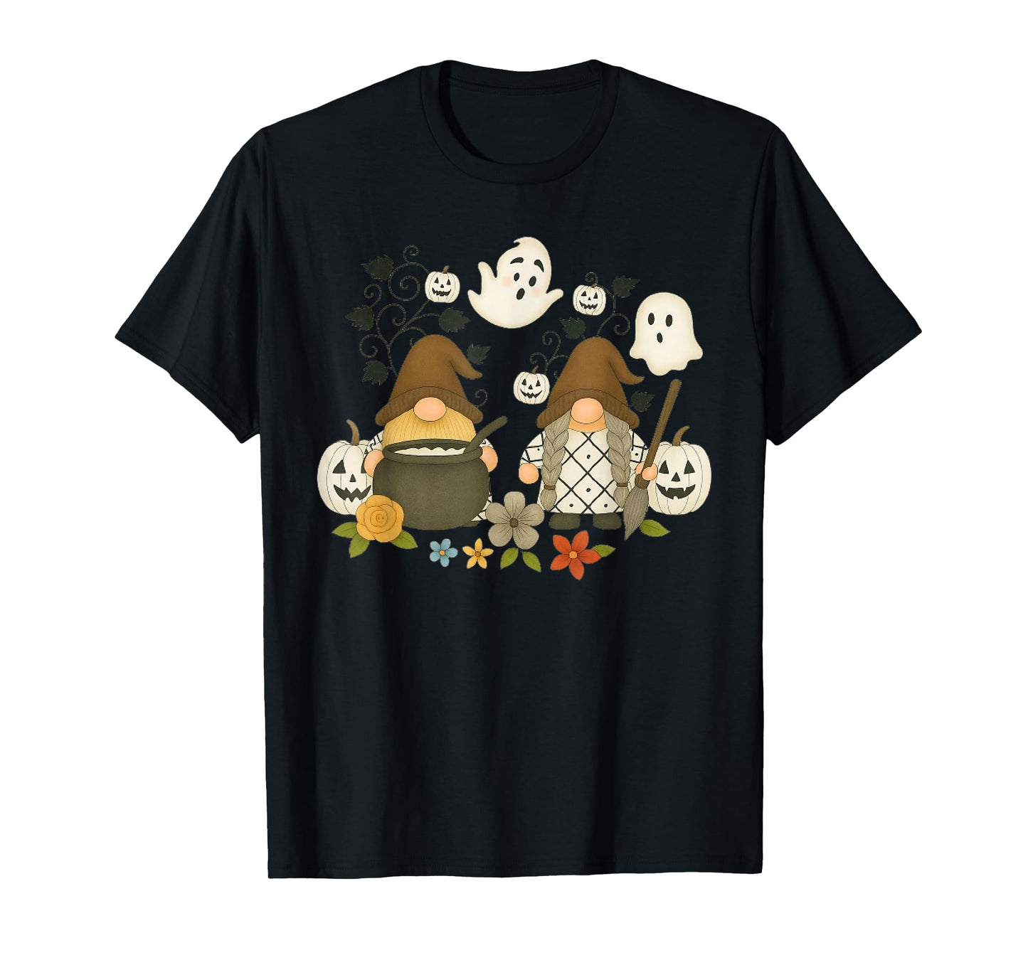 Funny Gnome Halloween with Pumpkin Ghost Leopard Design T-Shirt