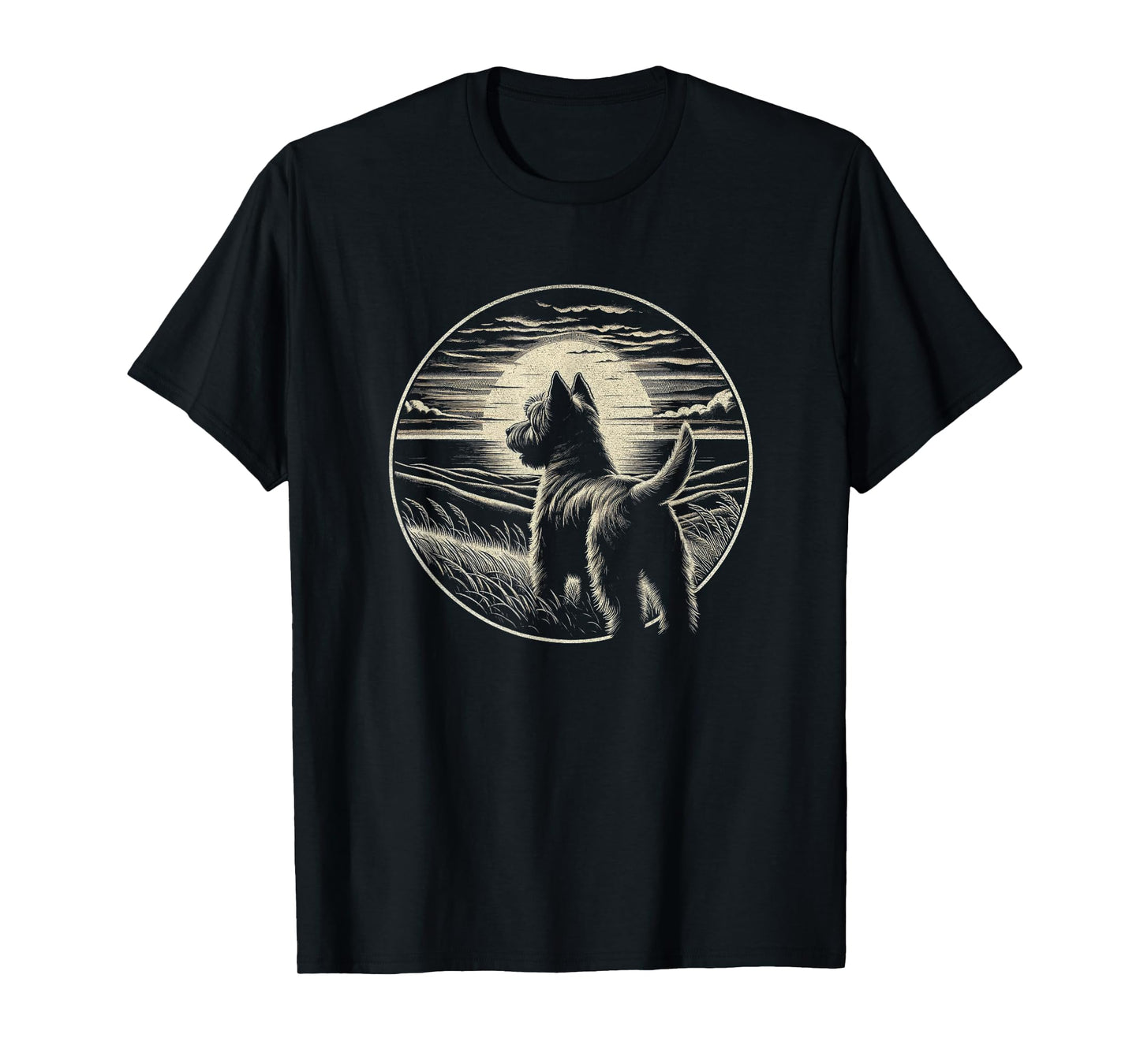 Vintage Cairn Terrier Dog Retro Sunset Scene Art Design T-Shirt for Men Women