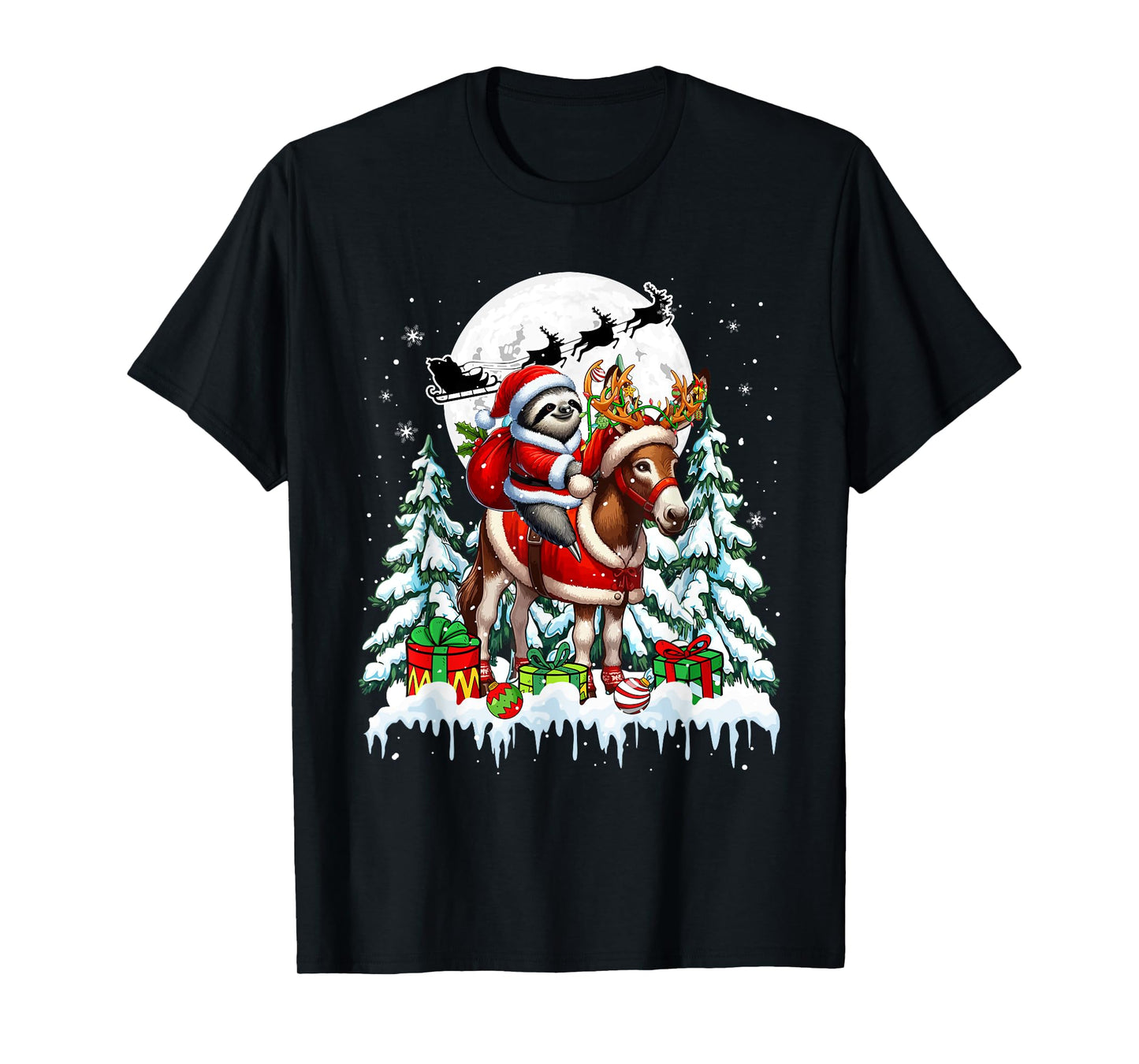 Santa Sloth Riding Reindeer Donkey Christmas Trees Farmer T-Shirt