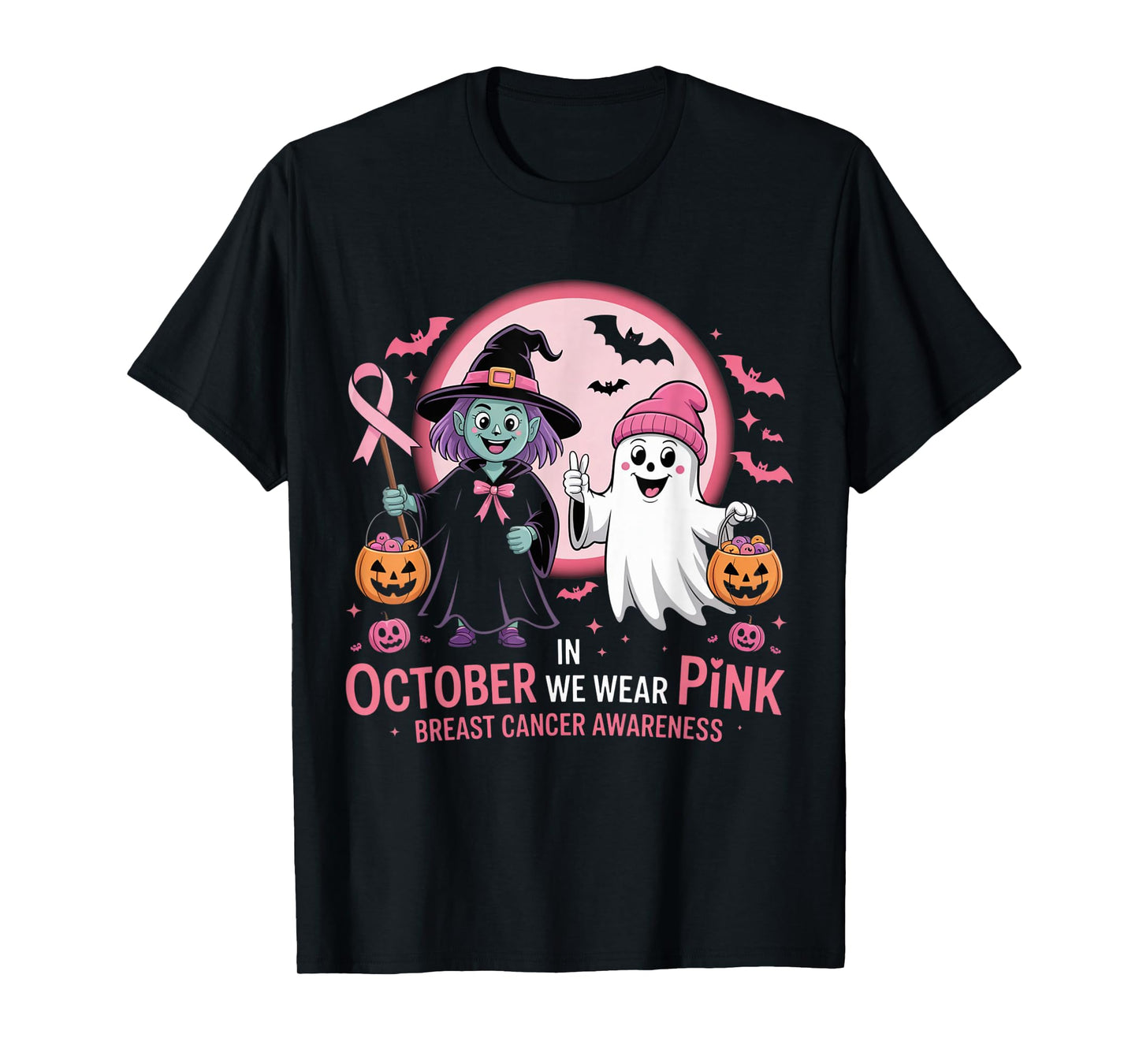 in October We Wear Pink Ghost Witch Breast Cancer Awareness T-Shirt