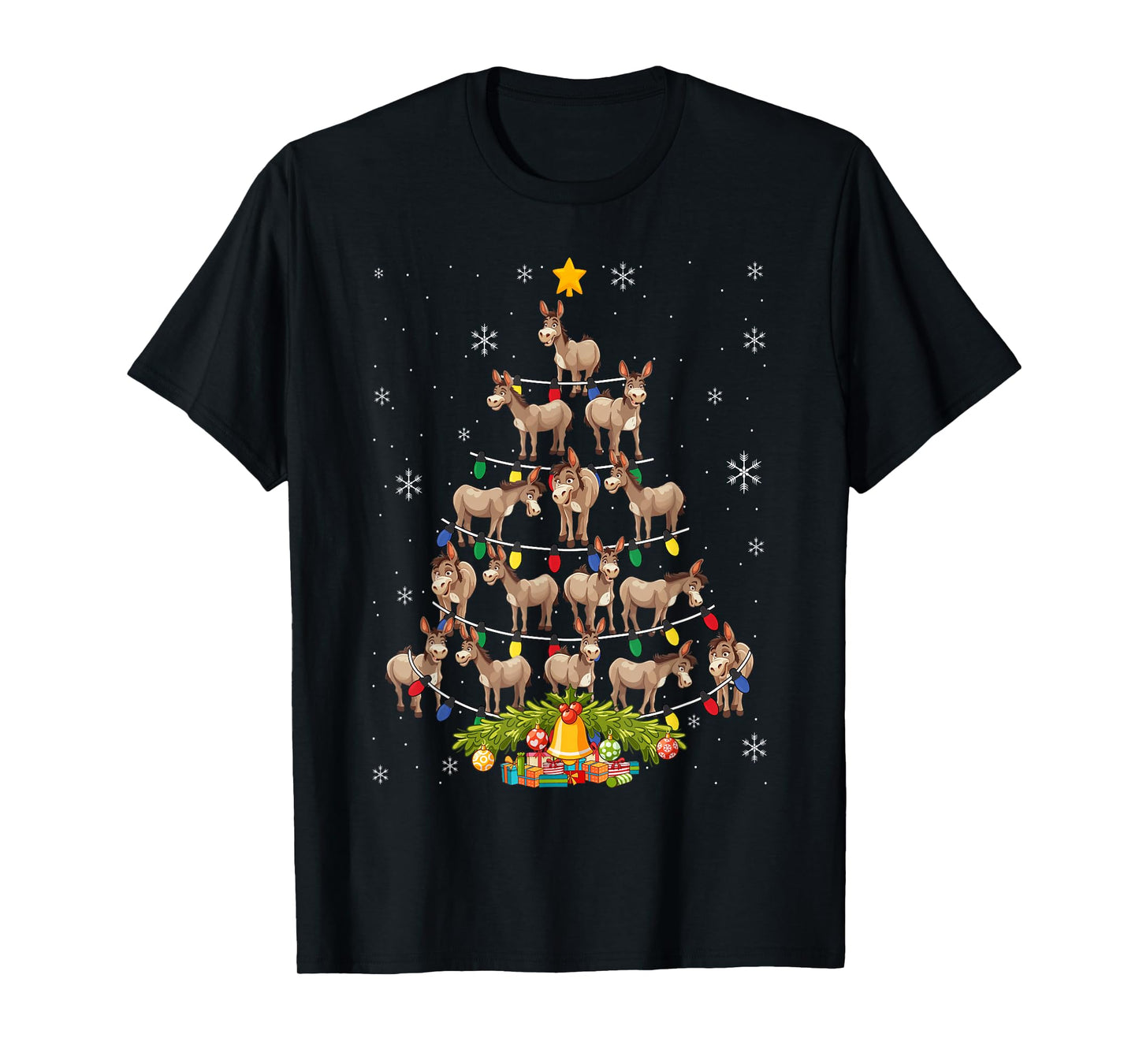 Donkey Christmas Tree Santa Hat Lights Xmas T-Shirt