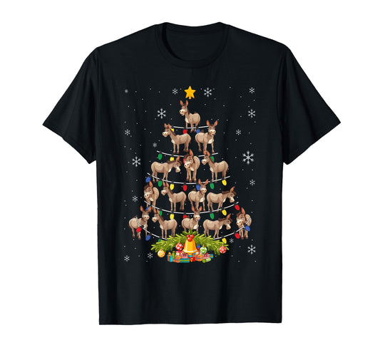 Donkey Christmas Tree Santa Hat Lights Xmas T-Shirt