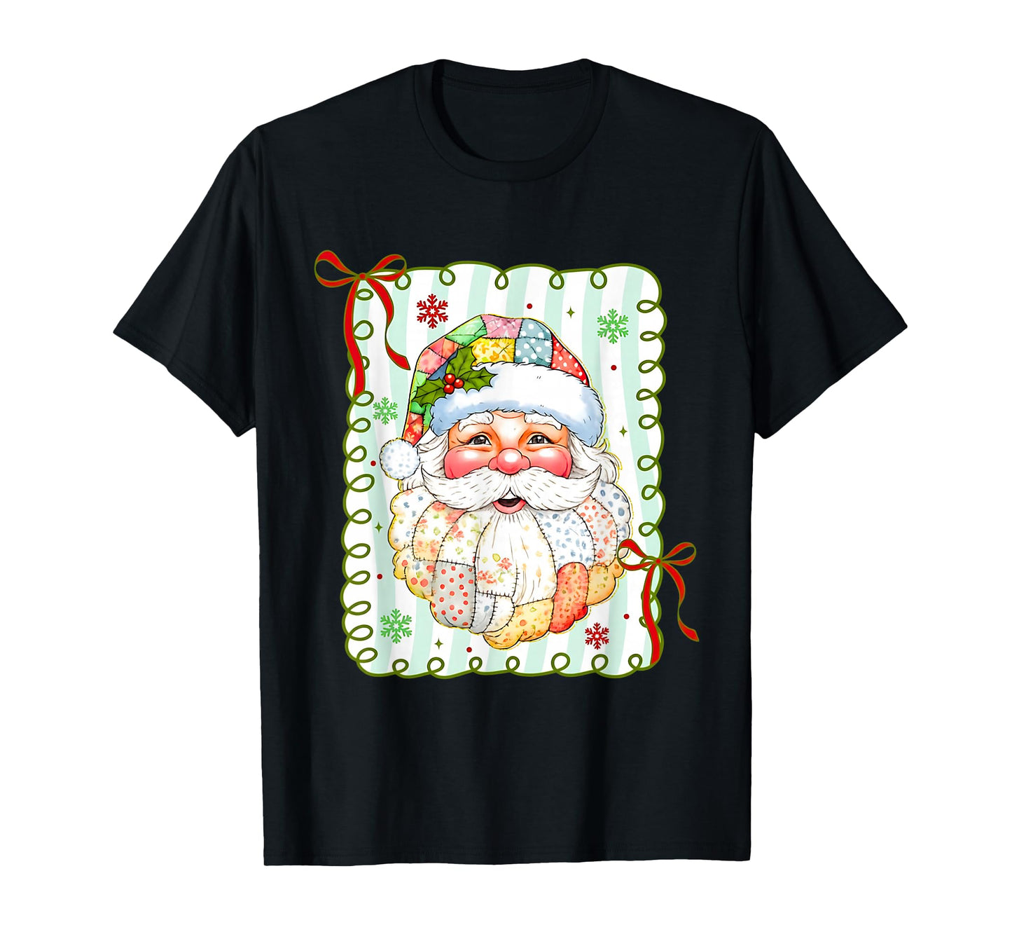 Patchwork Santa Claus Face Christmas Bow Men Women Kids T-Shirt