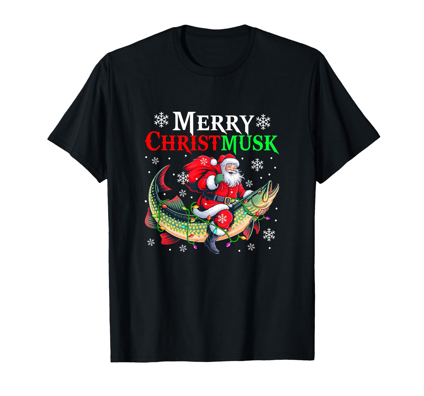 Merry Christmas Musky Santa Riding Muskellunge Fishing Lover T-Shirt