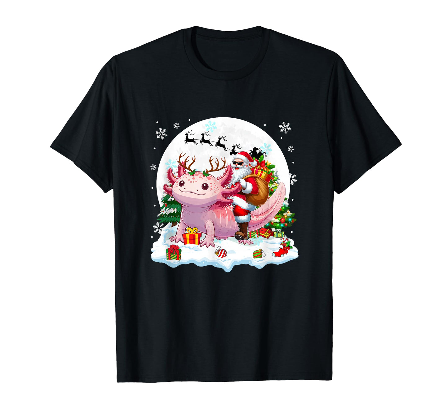 Santa Sunglasses Riding Axolotl Reindeer Christmas Snowman T-Shirt