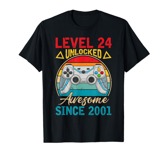 Level 24 Unlocked Awesome Since 2001 Retro 24th Birthday T-Shirt